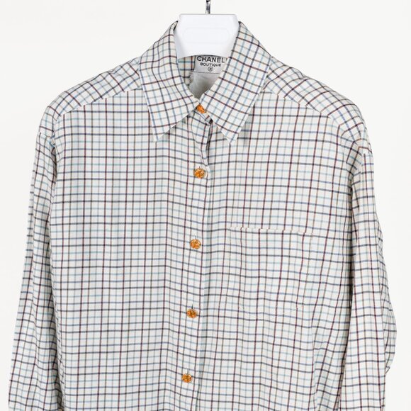 Chanel Boutique Vintage White Plaid Buttoned Flannel - Picture 3 of 8
